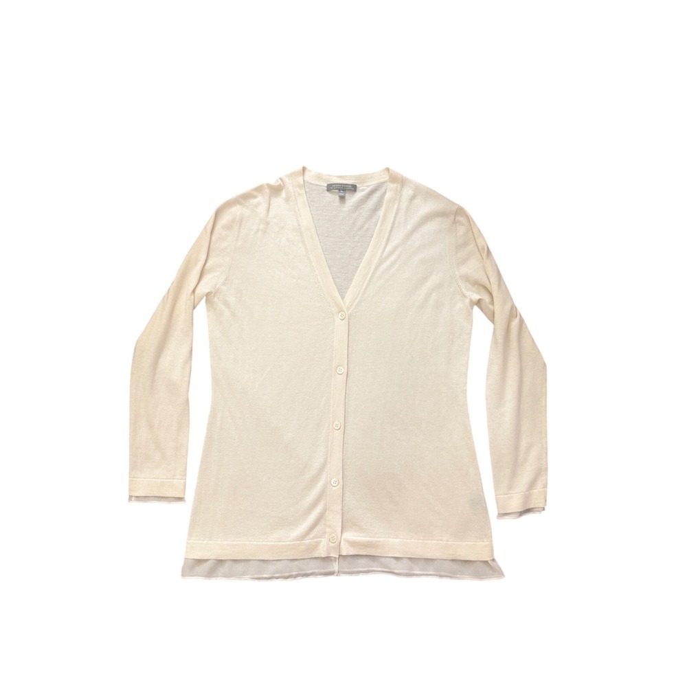 Neiman Marcus Silk Cashmere Wool Cardigan Ivory V-Neck Chiffon Trim XL